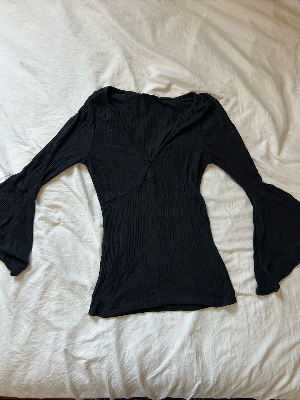 January 7 Black Ribbed Long-Sleeve Top with Flared Cuffs